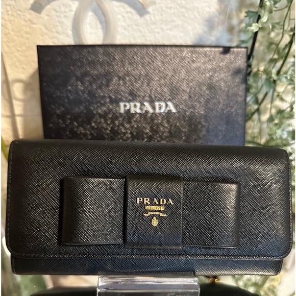 Prada ribbon long saffiano black continental bow wallet with Prada box - Picture 13 of 16